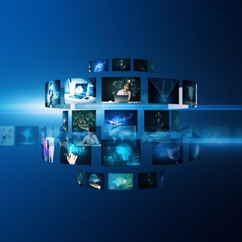Creative digital picture gallery on blue background. Photo album and media technology concept